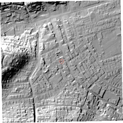 Shaded relief map of the ground around TA245RG, computed from Environment Agency LiDAR. The ground here sits at about 24 m above sea level and falls 49 m across the surrounding 800 m. Surface water reaching this point runs off ground lying to the south-west, 12.5 m higher.