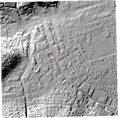Shaded relief map of the ground around TA245RL, computed from Environment Agency LiDAR. The ground here sits at about 22 m above sea level and falls 47 m across the surrounding 800 m. Surface water reaching this point runs off ground lying to the south-west, 15.5 m higher.