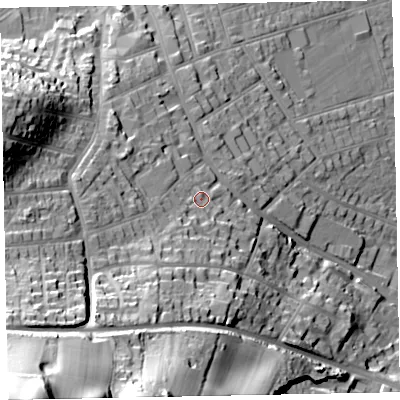 Shaded relief map of the ground around TA245RN, computed from Environment Agency LiDAR. The ground here sits at about 26 m above sea level and falls 83 m across the surrounding 800 m. Surface water reaching this point runs off ground lying to the south-west, 65.0 m higher.