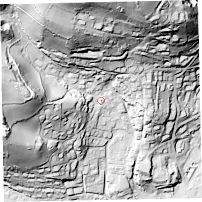 Shaded relief map of the ground around TA245RP, computed from Environment Agency LiDAR. The ground here sits at about 49 m above sea level and falls 133 m across the surrounding 800 m. Surface water reaching this point runs off ground lying to the north-north-west, 94.4 m higher.