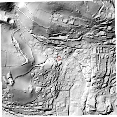 Shaded relief map of the ground around TA245RU, computed from Environment Agency LiDAR. The ground here sits at about 53 m above sea level and falls 145 m across the surrounding 800 m. Surface water reaching this point runs off ground lying to the north, 104.8 m higher.