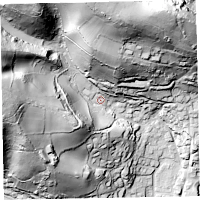 Shaded relief map of the ground around TA245RX, computed from Environment Agency LiDAR. The ground here sits at about 65 m above sea level and falls 139 m across the surrounding 800 m. Surface water reaching this point runs off ground lying to the north, 104.6 m higher.