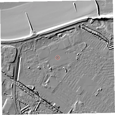 Shaded relief map of the ground around TA245SH, computed from Environment Agency LiDAR. The ground here sits at about 6 m above sea level and falls 14 m across the surrounding 800 m. Surface water reaching this point runs off ground lying to the west-north-west, 2.8 m higher.