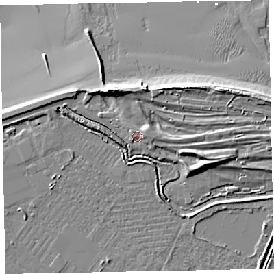 Shaded relief map of the ground around TA245SL, computed from Environment Agency LiDAR. The ground here sits at about 7 m above sea level and falls 14 m across the surrounding 800 m. Surface water reaching this point runs off ground lying to the east, 2.2 m higher.