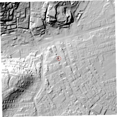 Shaded relief map of the ground around TA245TH, computed from Environment Agency LiDAR. The ground here sits at about 20 m above sea level and falls 54 m across the surrounding 800 m. Surface water reaching this point runs off ground lying to the south-south-west, 16.3 m higher.