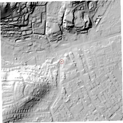 Shaded relief map of the ground around TA245TR, computed from Environment Agency LiDAR. The ground here sits at about 20 m above sea level and falls 72 m across the surrounding 800 m. Surface water reaching this point runs off ground lying to the south-west, 41.8 m higher.