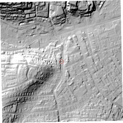 Shaded relief map of the ground around TA245TT, computed from Environment Agency LiDAR. The ground here sits at about 26 m above sea level and falls 52 m across the surrounding 800 m. Surface water reaching this point runs off ground lying to the south-west, 38.5 m higher.