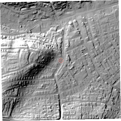 Shaded relief map of the ground around TA245TU, computed from Environment Agency LiDAR. The ground here sits at about 30 m above sea level and falls 52 m across the surrounding 800 m. Surface water reaching this point runs off ground lying to the south-west, 34.5 m higher.