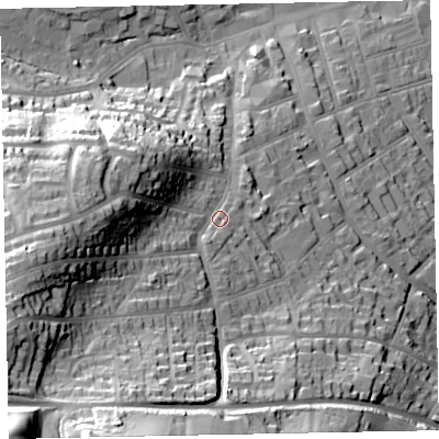 Shaded relief map of the ground around TA245TX, computed from Environment Agency LiDAR. The ground here sits at about 33 m above sea level and falls 61 m across the surrounding 800 m. Surface water reaching this point runs off ground lying to the south-south-west, 41.7 m higher.