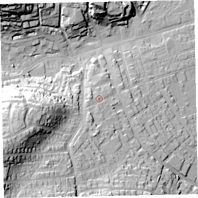 Shaded relief map of the ground around TA245TY, computed from Environment Agency LiDAR. The ground here sits at about 25 m above sea level and falls 48 m across the surrounding 800 m. Surface water reaching this point runs off ground lying to the south-south-west, 11.4 m higher.