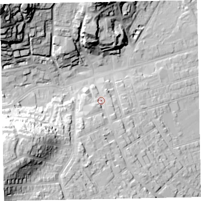 Shaded relief map of the ground around TA245UA, computed from Environment Agency LiDAR. The ground here sits at about 19 m above sea level and falls 57 m across the surrounding 800 m. Surface water reaching this point runs off ground lying to the south-south-west, 17.2 m higher.