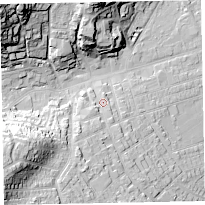 Shaded relief map of the ground around TA245UB, computed from Environment Agency LiDAR. The ground here sits at about 19 m above sea level and falls 53 m across the surrounding 800 m. Surface water reaching this point runs off ground lying to the south-south-west, 17.1 m higher.