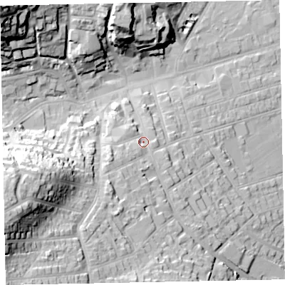 Shaded relief map of the ground around TA245UE, computed from Environment Agency LiDAR. The ground here sits at about 21 m above sea level and falls 47 m across the surrounding 800 m. Surface water reaching this point runs off ground lying to the south-south-west, 15.3 m higher.