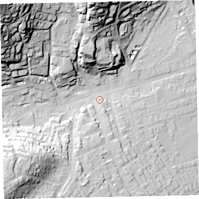 Shaded relief map of the ground around TA245UF, computed from Environment Agency LiDAR. The ground here sits at about 16 m above sea level and falls 70 m across the surrounding 800 m. Surface water reaching this point runs off ground lying to the south-south-east, 5.4 m higher.