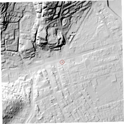 Shaded relief map of the ground around TA245UG, computed from Environment Agency LiDAR. The ground here sits at about 14 m above sea level and falls 63 m across the surrounding 800 m. Surface water reaching this point runs off ground lying to the north-west, 50.9 m higher.