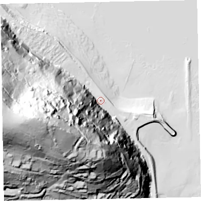 Shaded relief map of the ground around TA245UP, computed from Environment Agency LiDAR. The ground here sits at about 9 m above sea level and falls 166 m across the surrounding 800 m. Surface water reaching this point runs off ground lying to the south-west, 136.9 m higher.