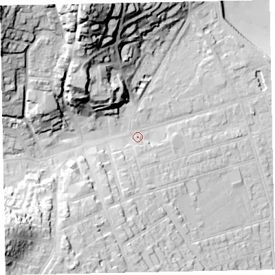 Shaded relief map of the ground around TA245UQ, computed from Environment Agency LiDAR. The ground here sits at about 14 m above sea level and falls 56 m across the surrounding 800 m. Surface water reaching this point runs off ground lying to the south-south-west, 6.5 m higher.
