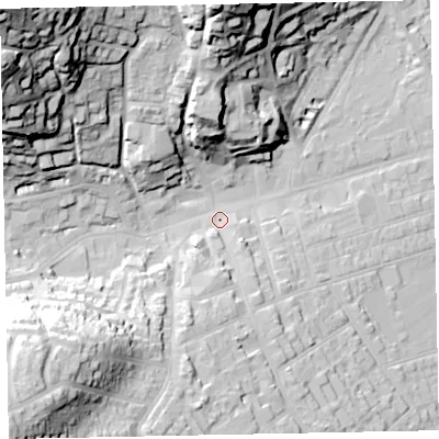 Shaded relief map of the ground around TA245UW, computed from Environment Agency LiDAR. The ground here sits at about 16 m above sea level and falls 68 m across the surrounding 800 m. Surface water reaching this point runs off ground lying to the north-west, 60.1 m higher.
