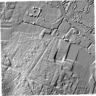 Shaded relief map of the ground around TA246AJ, computed from Environment Agency LiDAR. The ground here sits at about 10 m above sea level and falls 26 m across the surrounding 800 m. Surface water reaching this point runs off ground lying to the south-south-west, 15.8 m higher.