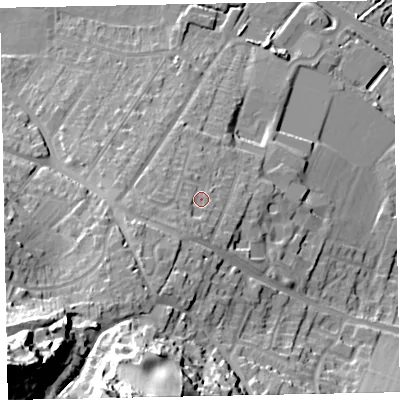 Shaded relief map of the ground around TA246AT, computed from Environment Agency LiDAR. The ground here sits at about 18 m above sea level and falls 60 m across the surrounding 800 m. Surface water reaching this point runs off ground lying to the south-south-west, 6.1 m higher.