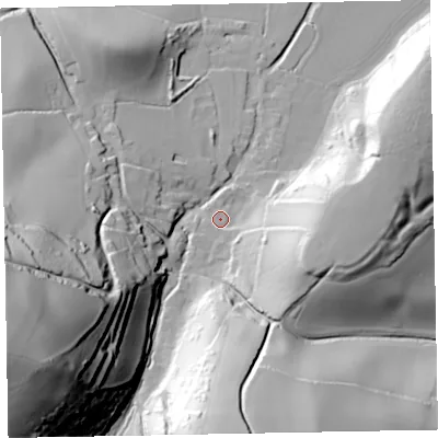 Shaded relief map of the ground around TA246AU, computed from Environment Agency LiDAR. The ground here sits at about 59 m above sea level and falls 112 m across the surrounding 800 m. Surface water reaching this point runs off ground lying to the south, 59.0 m higher.