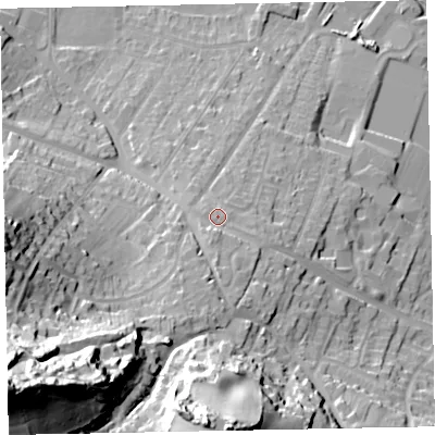 Shaded relief map of the ground around TA246BE, computed from Environment Agency LiDAR. The ground here sits at about 21 m above sea level and falls 73 m across the surrounding 800 m. Surface water reaching this point runs off ground lying to the south, 4.3 m higher.