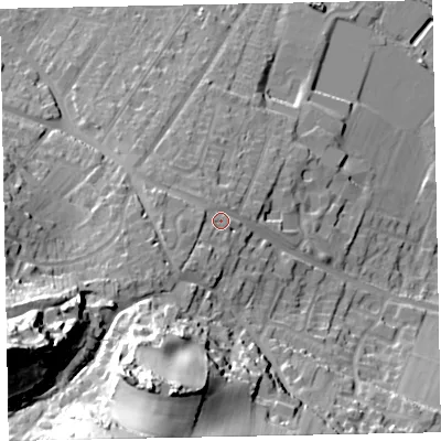 Shaded relief map of the ground around TA246BG, computed from Environment Agency LiDAR. The ground here sits at about 21 m above sea level and falls 60 m across the surrounding 800 m. Surface water reaching this point runs off ground lying to the south-west, 5.0 m higher.