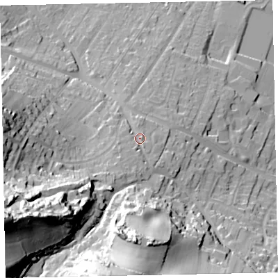 Shaded relief map of the ground around TA246BL, computed from Environment Agency LiDAR. The ground here sits at about 23 m above sea level and falls 74 m across the surrounding 800 m. Surface water reaching this point runs off ground lying to the south-south-west, 6.4 m higher.