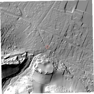 Shaded relief map of the ground around TA246BN, computed from Environment Agency LiDAR. The ground here sits at about 25 m above sea level and falls 76 m across the surrounding 800 m. Surface water reaching this point runs off ground lying to the south-west, 58.2 m higher.
