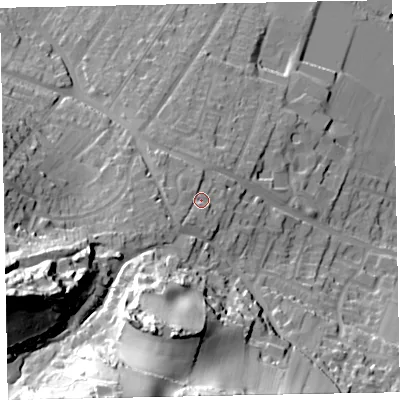 Shaded relief map of the ground around TA246BP, computed from Environment Agency LiDAR. The ground here sits at about 23 m above sea level and falls 64 m across the surrounding 800 m. Surface water reaching this point runs off ground lying to the south-west, 3.0 m higher.