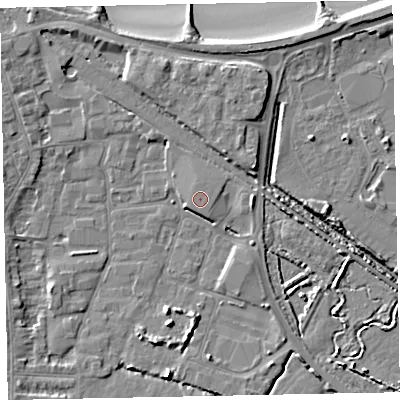 Shaded relief map of the ground around TA246DG, computed from Environment Agency LiDAR. The ground here sits at about 7 m above sea level and falls 6 m across the surrounding 800 m. The ground contributing surface water to this point lies to the south.