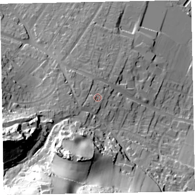 Shaded relief map of the ground around TA246DH, computed from Environment Agency LiDAR. The ground here sits at about 22 m above sea level and falls 65 m across the surrounding 800 m. Surface water reaching this point runs off ground lying to the west-south-west, 2.9 m higher.