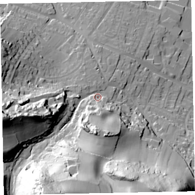 Shaded relief map of the ground around TA246EH, computed from Environment Agency LiDAR. The ground here sits at about 28 m above sea level and falls 96 m across the surrounding 800 m. Surface water reaching this point runs off ground lying to the south-south-west, 76.6 m higher.