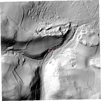 Shaded relief map of the ground around TA246EP, computed from Environment Agency LiDAR. The ground here sits at about 44 m above sea level and falls 119 m across the surrounding 800 m. Surface water reaching this point runs off ground lying to the south-west, 98.2 m higher.
