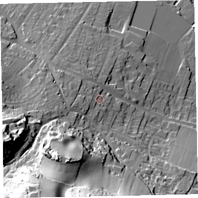 Shaded relief map of the ground around TA246EU, computed from Environment Agency LiDAR. The ground here sits at about 20 m above sea level and falls 65 m across the surrounding 800 m. Surface water reaching this point runs off ground lying to the west-south-west, 4.8 m higher.