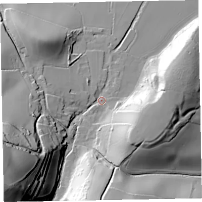 Shaded relief map of the ground around TA246FE, computed from Environment Agency LiDAR. The ground here sits at about 56 m above sea level and falls 109 m across the surrounding 800 m. Surface water reaching this point runs off ground lying to the south-west, 94.3 m higher.
