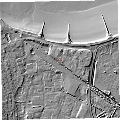 Shaded relief map of the ground around TA246GD, computed from Environment Agency LiDAR. The ground here sits at about 8 m above sea level and falls 12 m across the surrounding 800 m. Surface water reaching this point runs off ground lying to the north-north-west, 2.1 m higher.