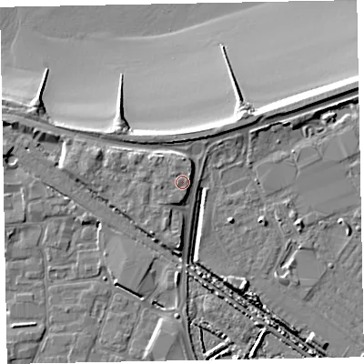 Shaded relief map of the ground around TA246GW, computed from Environment Agency LiDAR. The ground here sits at about 8 m above sea level and falls 11 m across the surrounding 800 m. Surface water reaching this point runs off ground lying to the north, 2.6 m higher.