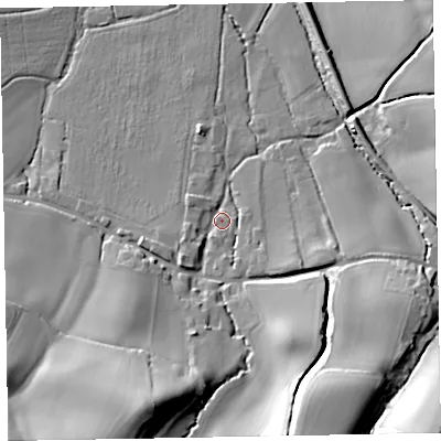 Shaded relief map of the ground around TA246HE, computed from Environment Agency LiDAR. The ground here sits at about 32 m above sea level and falls 43 m across the surrounding 800 m. Surface water reaching this point runs off ground lying to the south-south-east, 29.8 m higher.