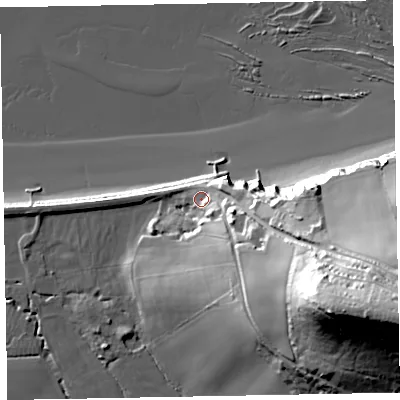 Shaded relief map of the ground around TA246JR, computed from Environment Agency LiDAR. The ground here sits at about 10 m above sea level and falls 67 m across the surrounding 800 m. Surface water reaching this point runs off ground lying to the south-east, 50.6 m higher.