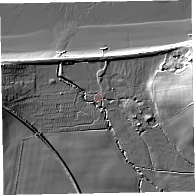 Shaded relief map of the ground around TA246JS, computed from Environment Agency LiDAR. The ground here sits at about 7 m above sea level and falls 23 m across the surrounding 800 m. Surface water reaching this point runs off ground lying to the east, 16.9 m higher.