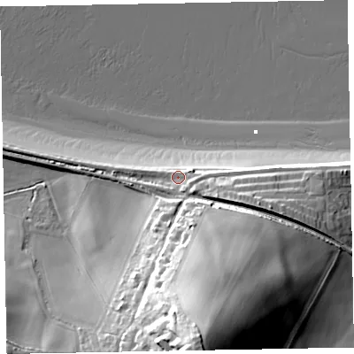 Shaded relief map of the ground around TA246LE, computed from Environment Agency LiDAR. The ground here sits at about 9 m above sea level and falls 42 m across the surrounding 800 m. Surface water reaching this point runs off ground lying to the south, 29.3 m higher.