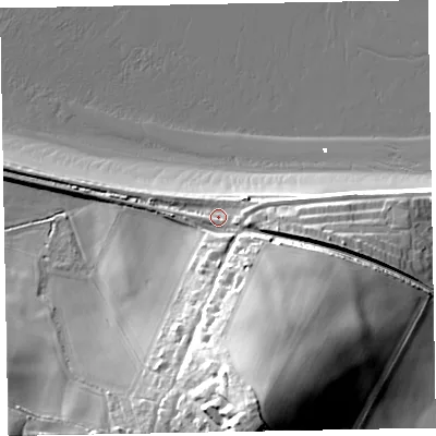 Shaded relief map of the ground around TA246LG, computed from Environment Agency LiDAR. The ground here sits at about 9 m above sea level and falls 42 m across the surrounding 800 m. Surface water reaching this point runs off ground lying to the south-south-east, 29.1 m higher.