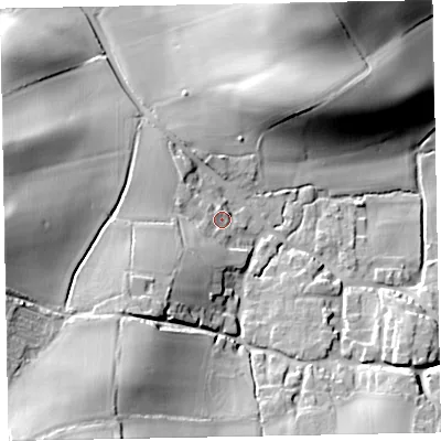 Shaded relief map of the ground around TA246PQ, computed from Environment Agency LiDAR. The ground here sits at about 32 m above sea level and falls 43 m across the surrounding 800 m. Surface water reaching this point runs off ground lying to the south-west, 14.6 m higher.
