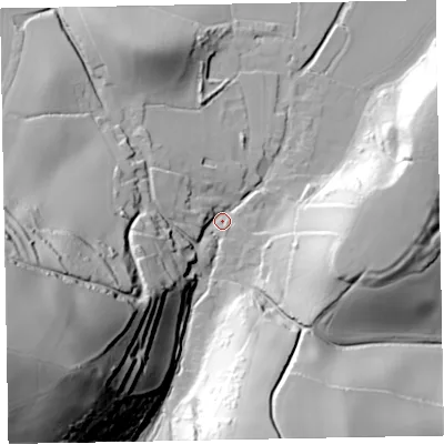 Shaded relief map of the ground around TA246PZ, computed from Environment Agency LiDAR. The ground here sits at about 59 m above sea level and falls 116 m across the surrounding 800 m. Surface water reaching this point runs off ground lying to the west-south-west, 102.3 m higher.