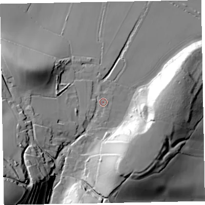 Shaded relief map of the ground around TA246QB, computed from Environment Agency LiDAR. The ground here sits at about 53 m above sea level and falls 98 m across the surrounding 800 m. Surface water reaching this point runs off ground lying to the south-west, 82.9 m higher.