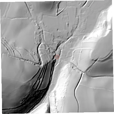 Shaded relief map of the ground around TA246QD, computed from Environment Agency LiDAR. The ground here sits at about 63 m above sea level and falls 116 m across the surrounding 800 m. Surface water reaching this point runs off ground lying to the west-south-west, 100.8 m higher.