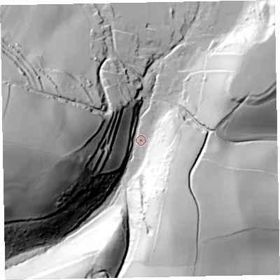 Shaded relief map of the ground around TA246QE, computed from Environment Agency LiDAR. The ground here sits at about 67 m above sea level and falls 112 m across the surrounding 800 m. Surface water reaching this point runs off ground lying to the west, 97.1 m higher.