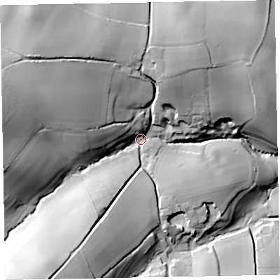 Shaded relief map of the ground around TA246QL, computed from Environment Agency LiDAR. The ground here sits at about 132 m above sea level and falls 77 m across the surrounding 800 m. Surface water reaching this point runs off ground lying to the south-west, 56.2 m higher.