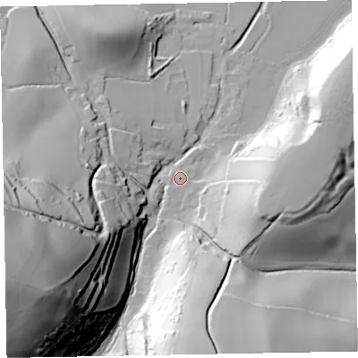 Shaded relief map of the ground around TA246RP, computed from Environment Agency LiDAR. The ground here sits at about 60 m above sea level and falls 114 m across the surrounding 800 m. Surface water reaching this point runs off ground lying to the south, 58.5 m higher.
